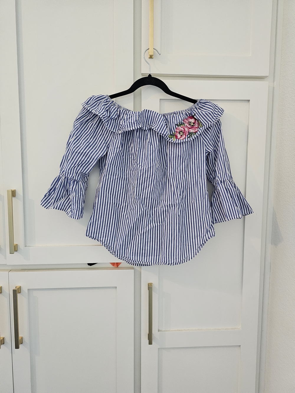 Beautees Blue and White Stripe Off-Shoulder Top with Pink Floral Accent